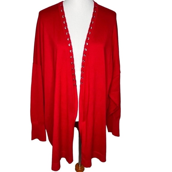 Worthington Red Cardigan Sweater Size 5X Open Front Long Line Grommet Details - Picture 3 of 9